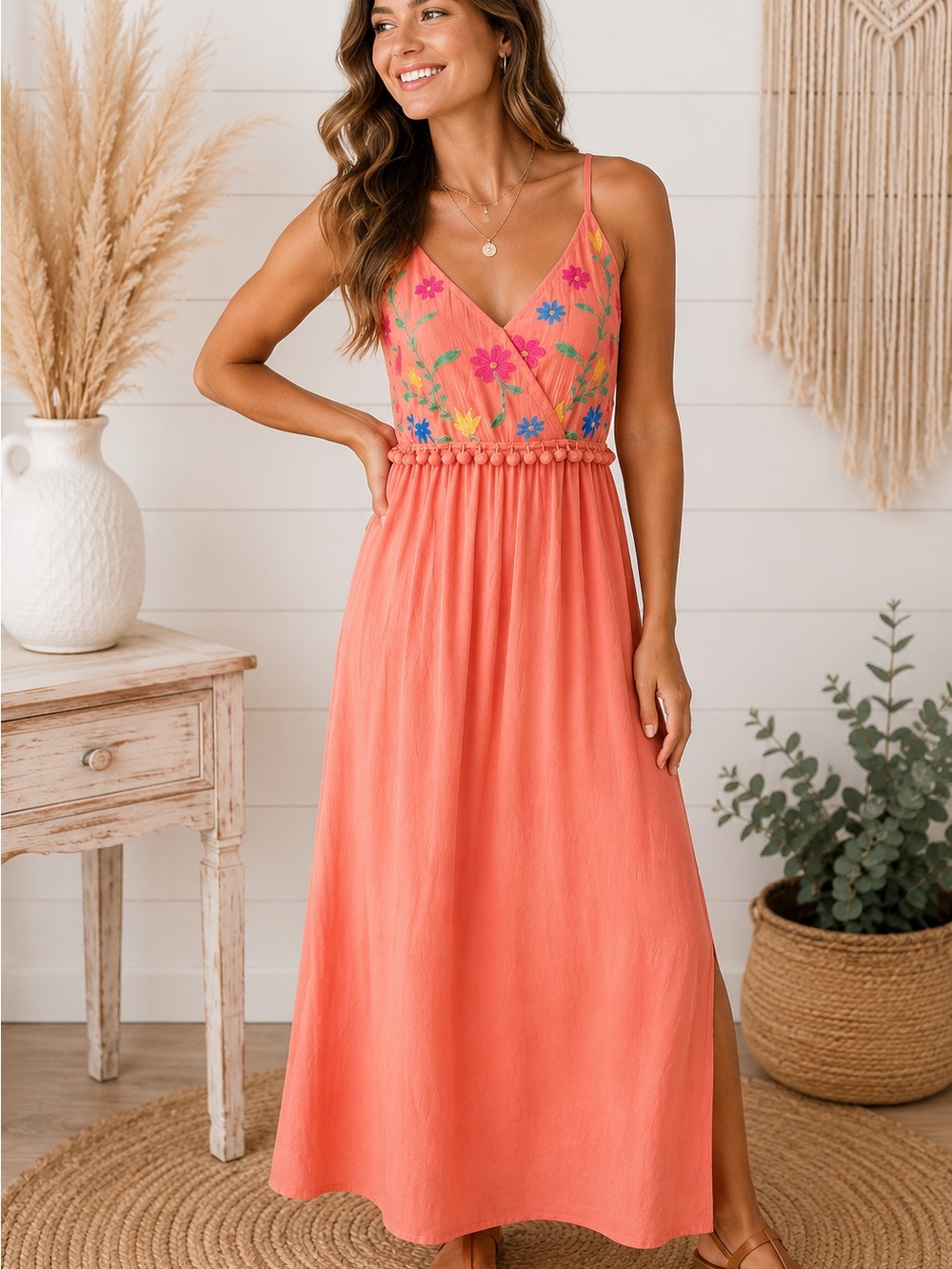 Altar'd State Coral Maxi Dress with Embroidered Floral Bodice